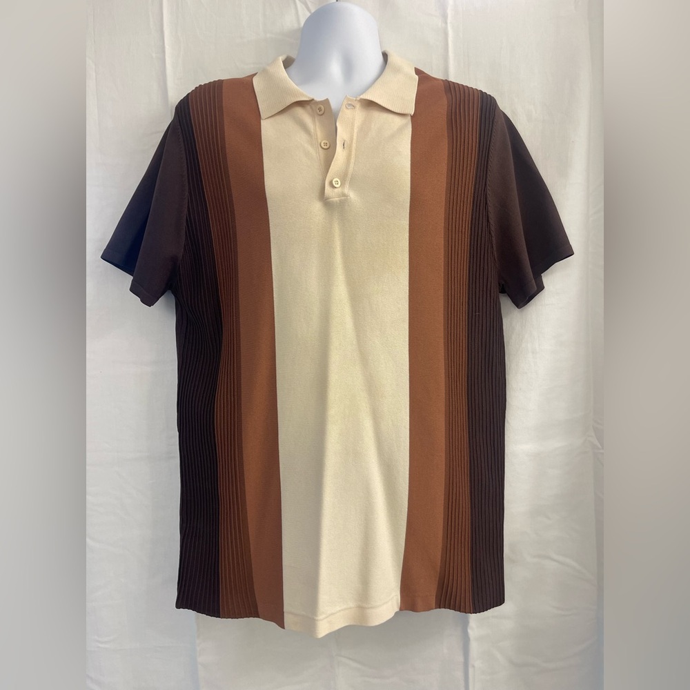 Topman Cream and Brown Striped Polo Shirt
